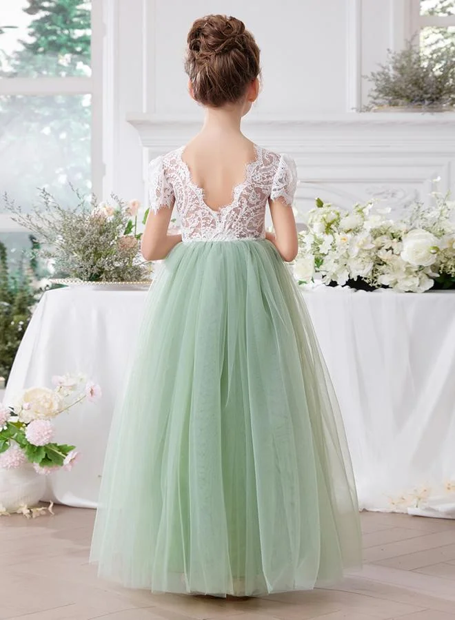 Take Two  Girls Green Lace Puff Sleeve Tulle Maxi Dress for Women | Best Price UAE